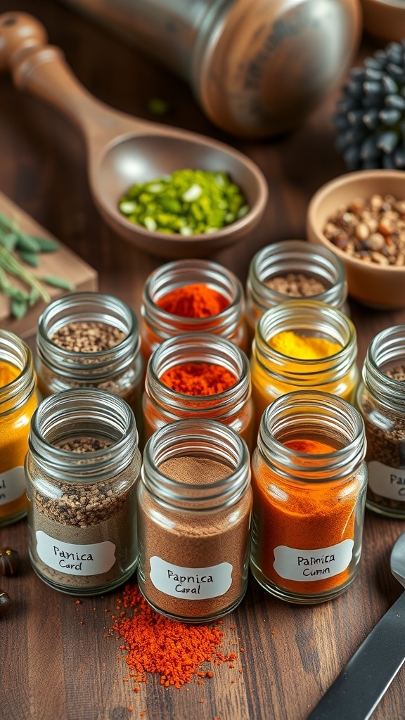 Colorful spices in jars on a wooden counter, with a bowl of homemade seasoning blend.